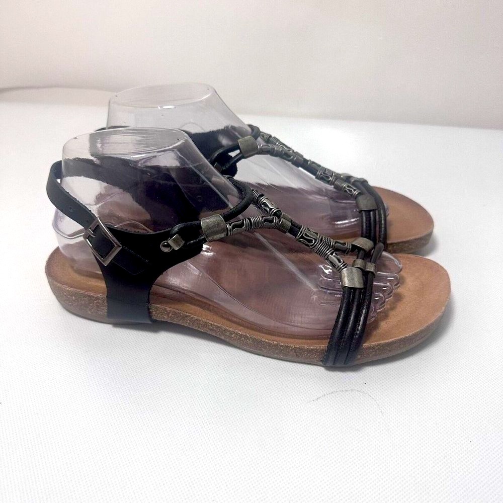 Porronet Sandal Womens 39 Black Leather Silver Bead Ankle Flat Boho Stra…